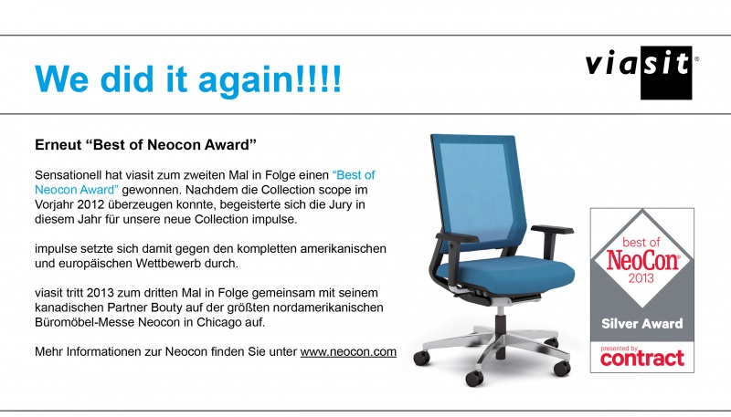 Немецкое офисное кресло impulse завода Viasit получило серебрянную премию BEST OF NeoCON 2013